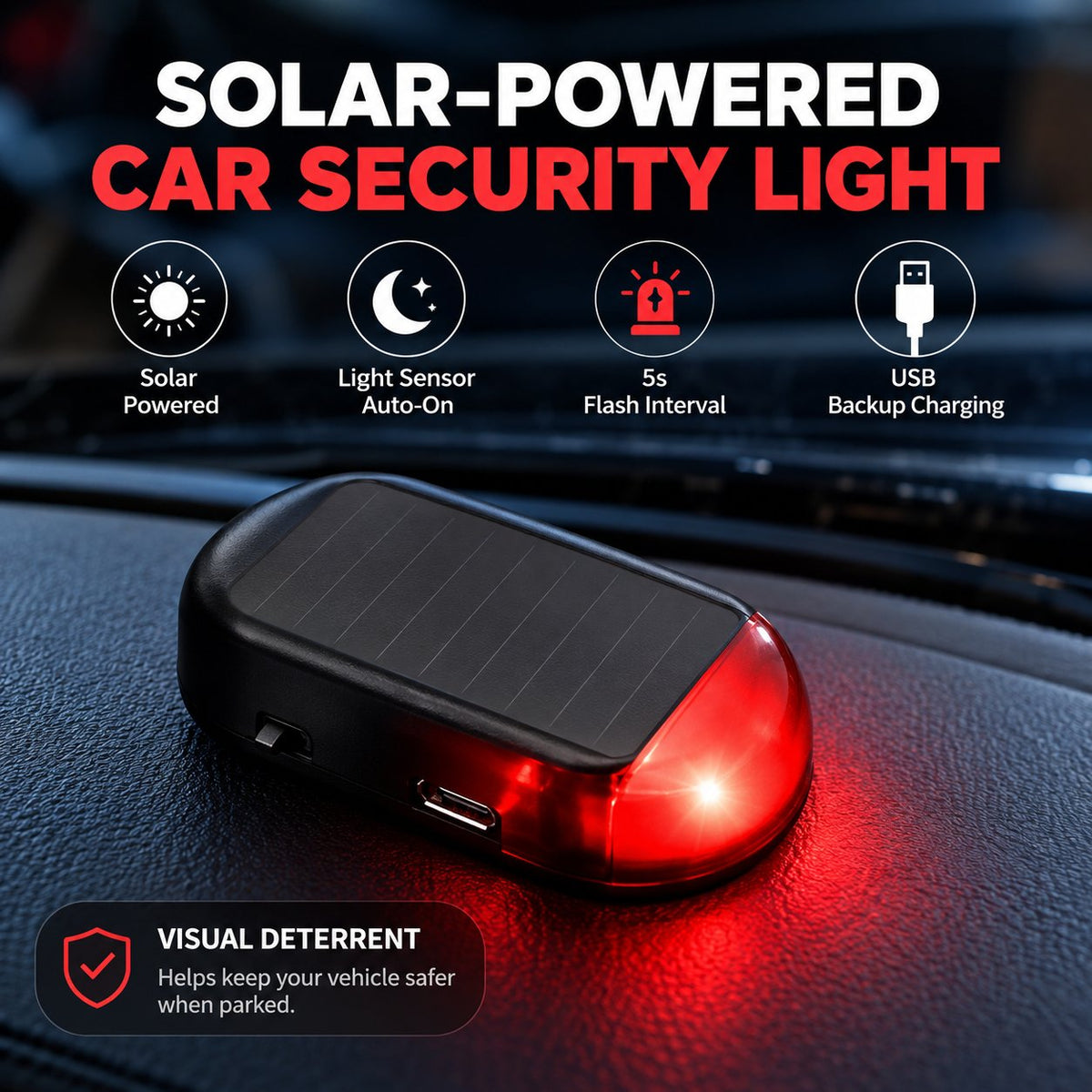 ๐ Solar Car Security Warning Light โ Auto-Sensing 5-Second Flash LED with USB Backup Charging