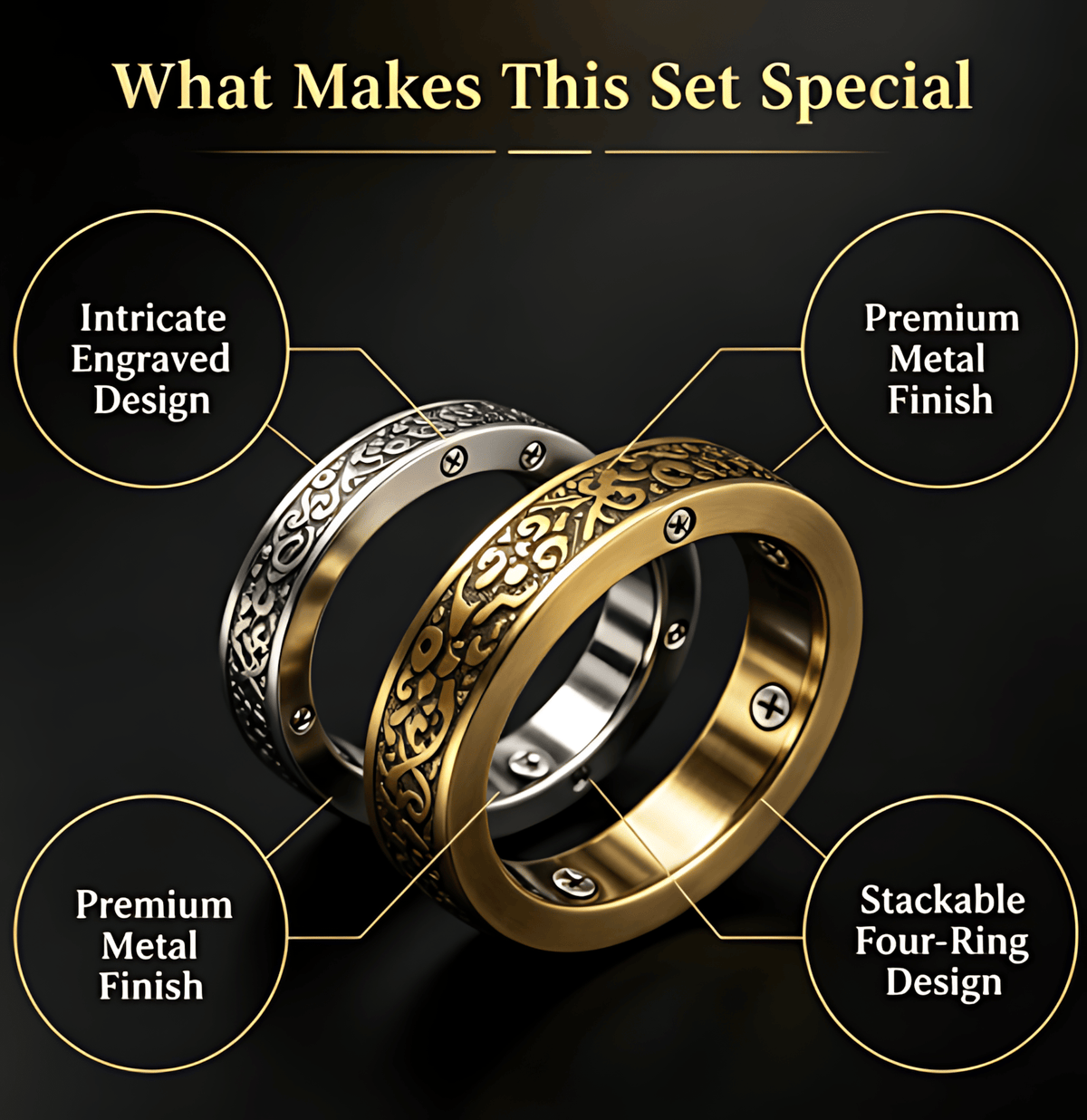 4-Piece Engraved Metal Ring Set  |Statement Stackable Finger Jewelry