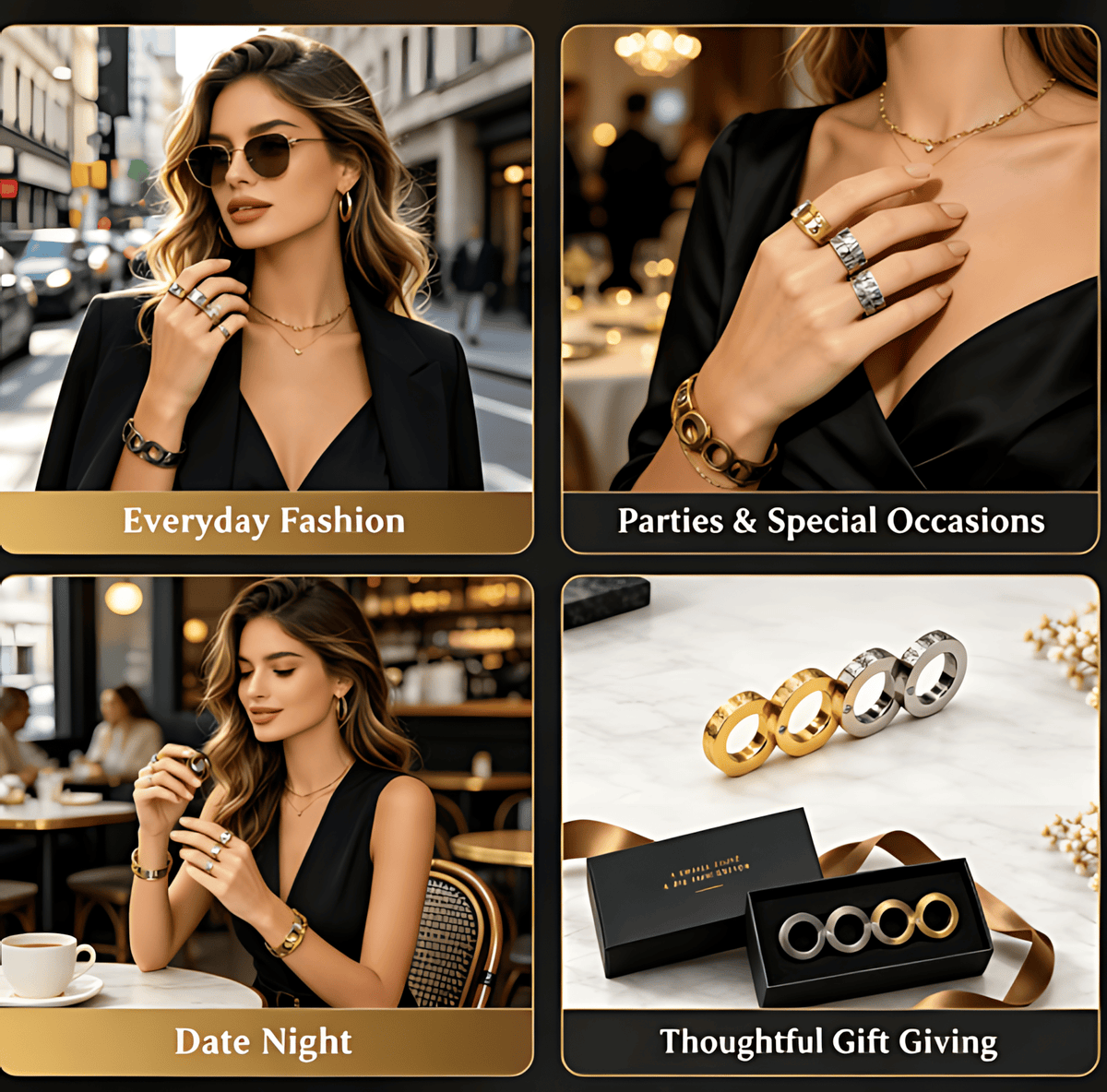 4-Piece Engraved Metal Ring Set  |Statement Stackable Finger Jewelry