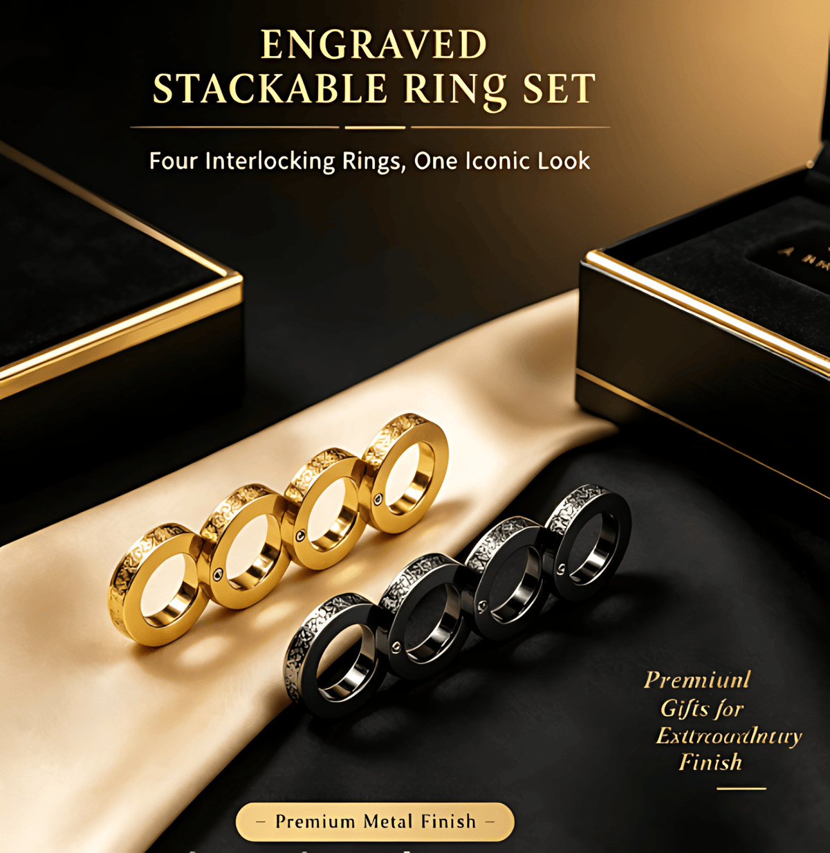 4-Piece Engraved Metal Ring Set  |Statement Stackable Finger Jewelry