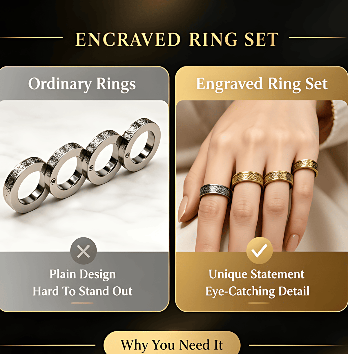 4-Piece Engraved Metal Ring Set  |Statement Stackable Finger Jewelry