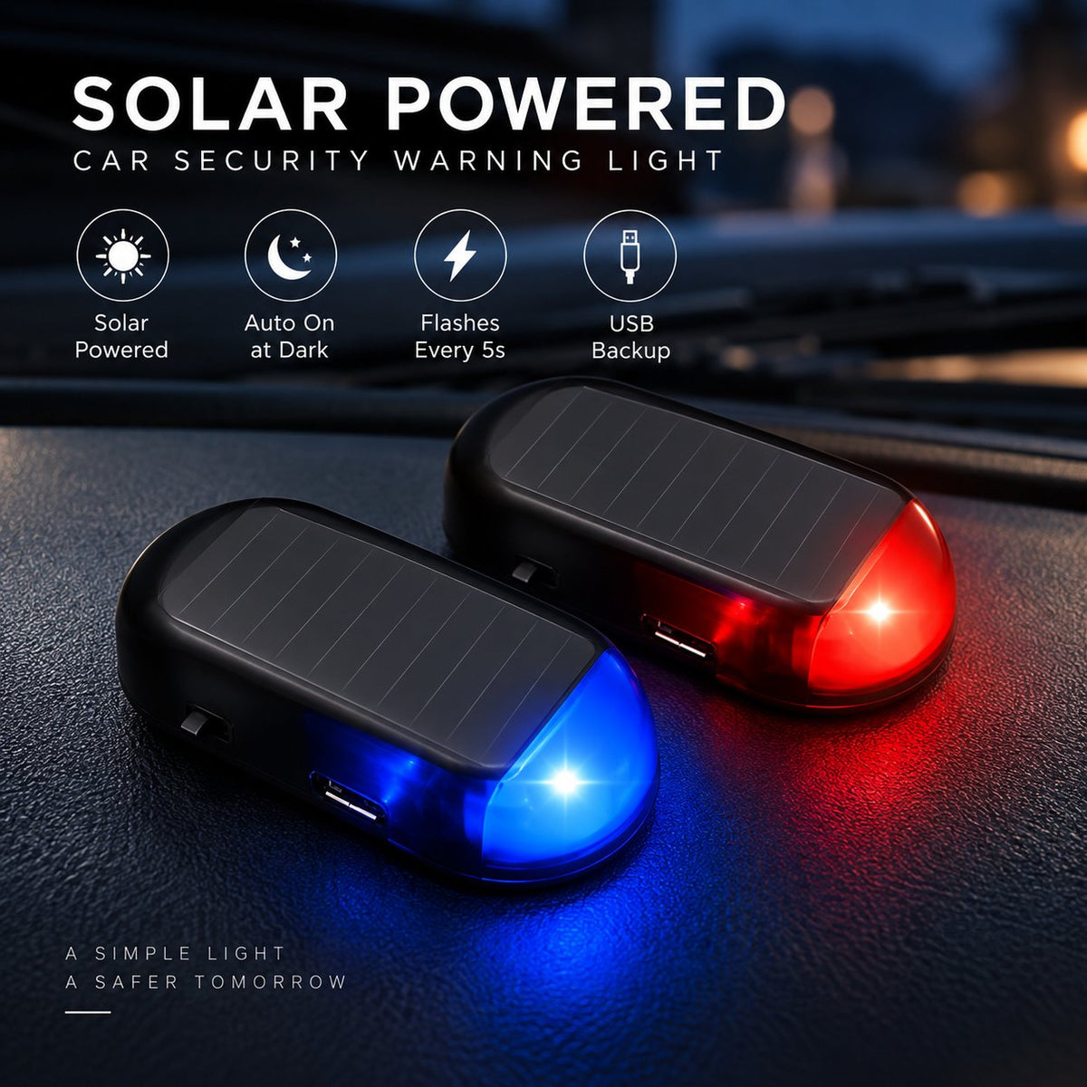 🚗 Solar Car Security Warning Light – Auto-Sensing 5-Second Flash LED with USB Backup Charging