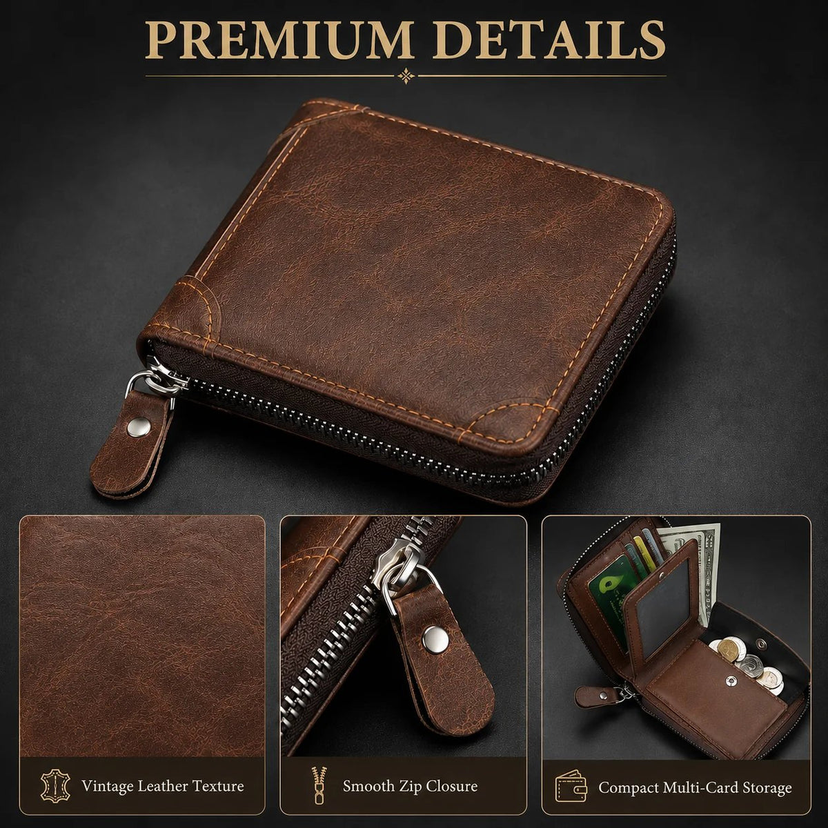 💼 Vintage Zip Wallet, Bifold Card Coin Purse