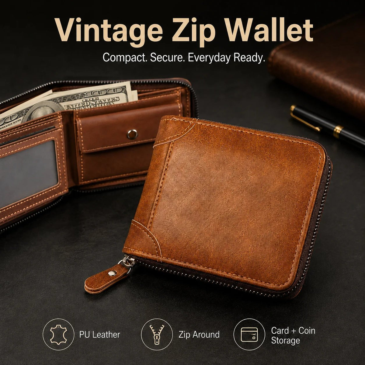 💼 Vintage Zip Wallet, Bifold Card Coin Purse