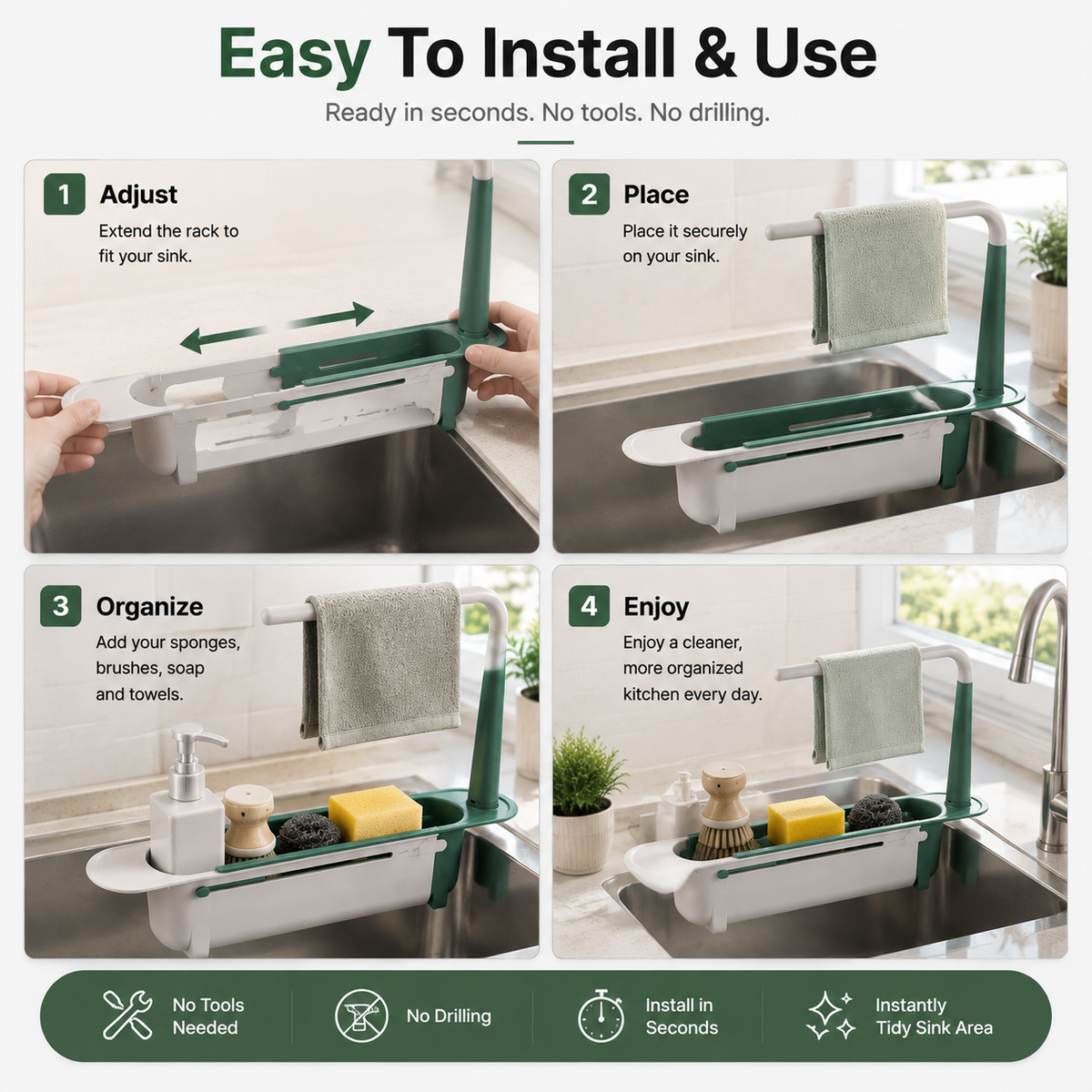 ✨2-in-1 Sink Organizer Rack – Expandable Sponge Holder & Kitchen Towel Drying Bar