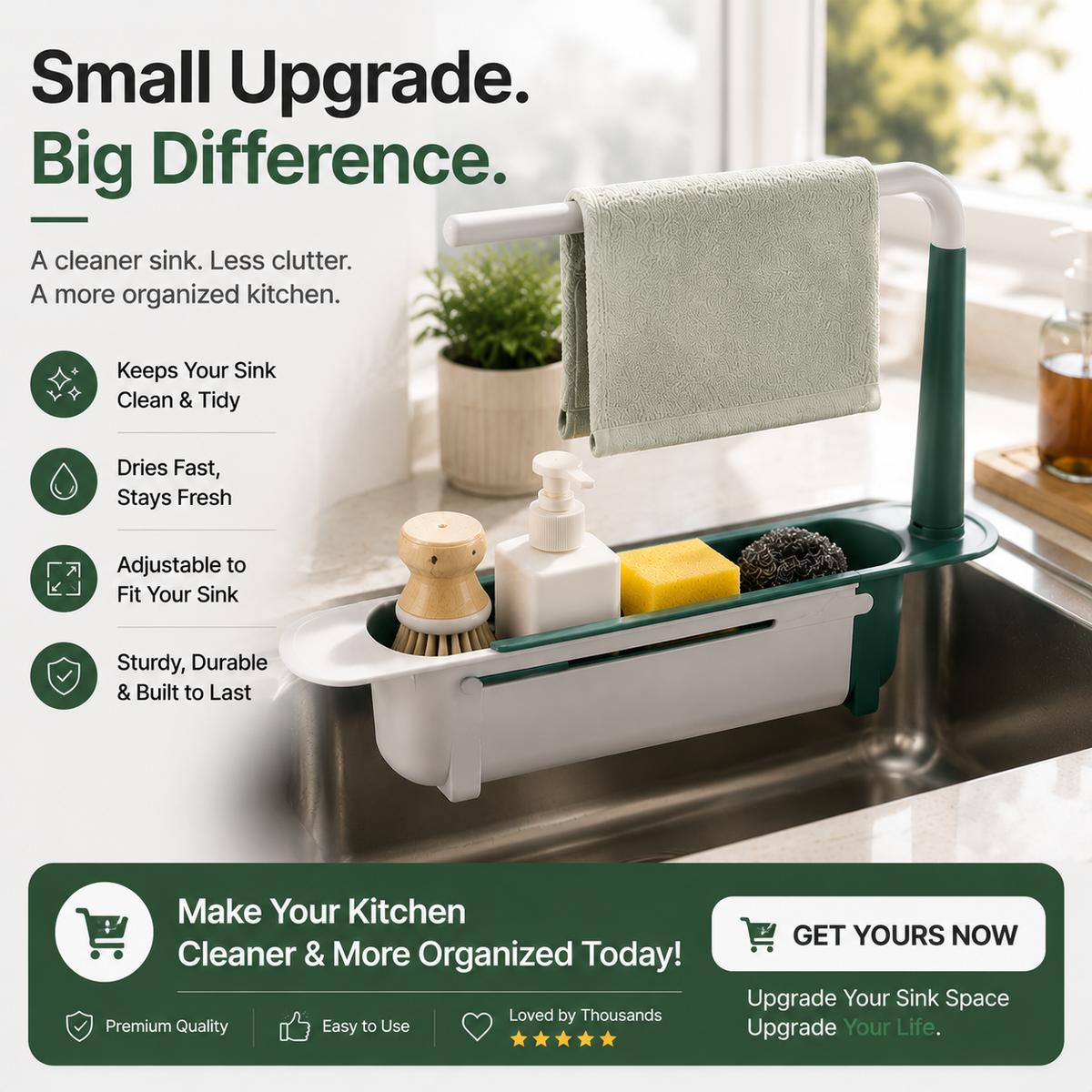 ✨2-in-1 Sink Organizer Rack – Expandable Sponge Holder & Kitchen Towel Drying Bar