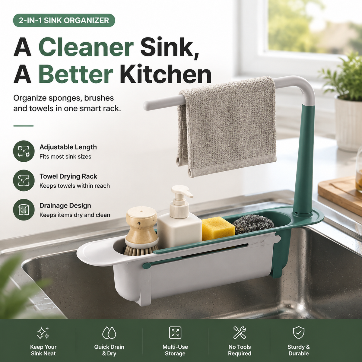 ✨2-in-1 Sink Organizer Rack – Expandable Sponge Holder & Kitchen Towel Drying Bar