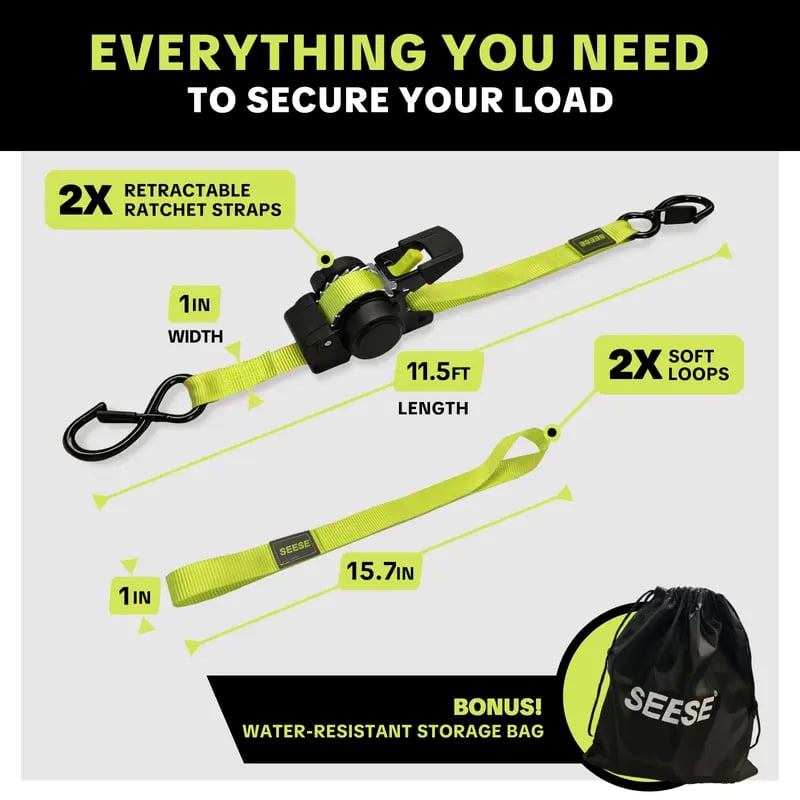 SEESE Car Tie Downs with Ratchets 1'x 11 ft-1500 LB Break Strength Cargo Straps for Moving Appliances, Lawn Equipment, Motorcycle
