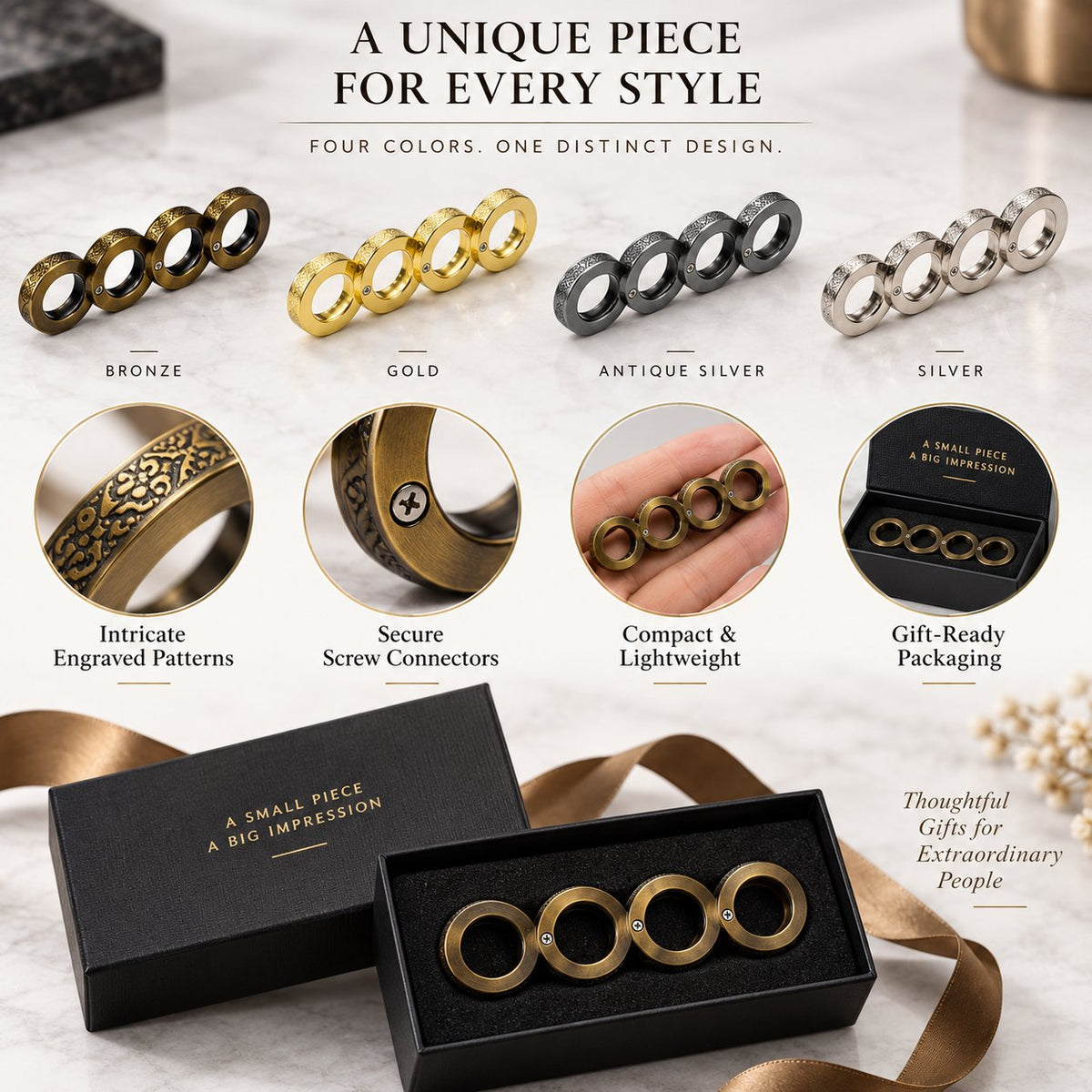 4-Piece Engraved Metal Ring Set  |Statement Stackable Finger Jewelry