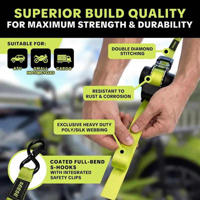 SEESE Car Tie Downs with Ratchets 1'x 11 ft-1500 LB Break Strength Cargo Straps for Moving Appliances, Lawn Equipment, Motorcycle