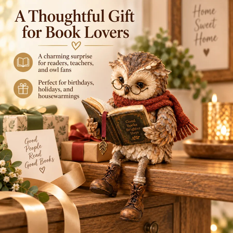 🦉 Reading Owl Figurine – Cozy Bookish Decor with Glasses & Tiny Boots