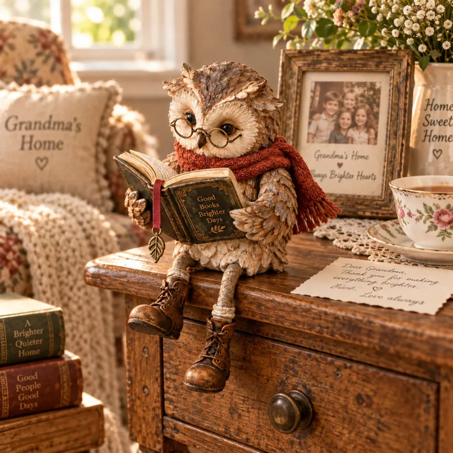 🦉 Reading Owl Figurine – Cozy Bookish Decor with Glasses & Tiny Boots