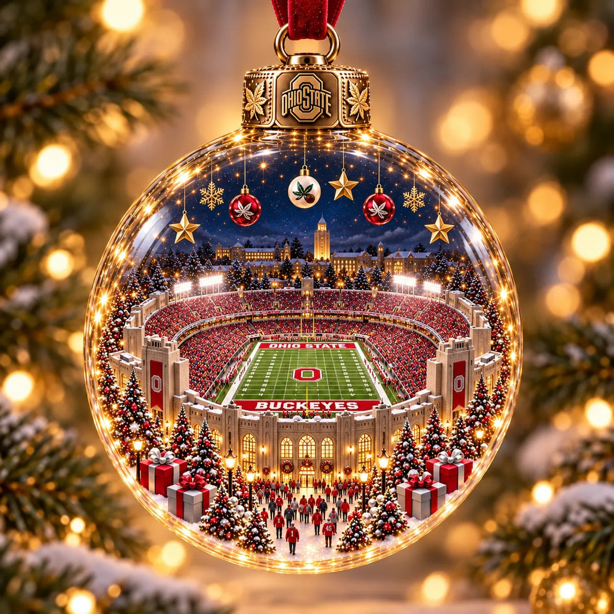 🏈 Game Day Glow – Light-Up Football Stadium Christmas Ornament