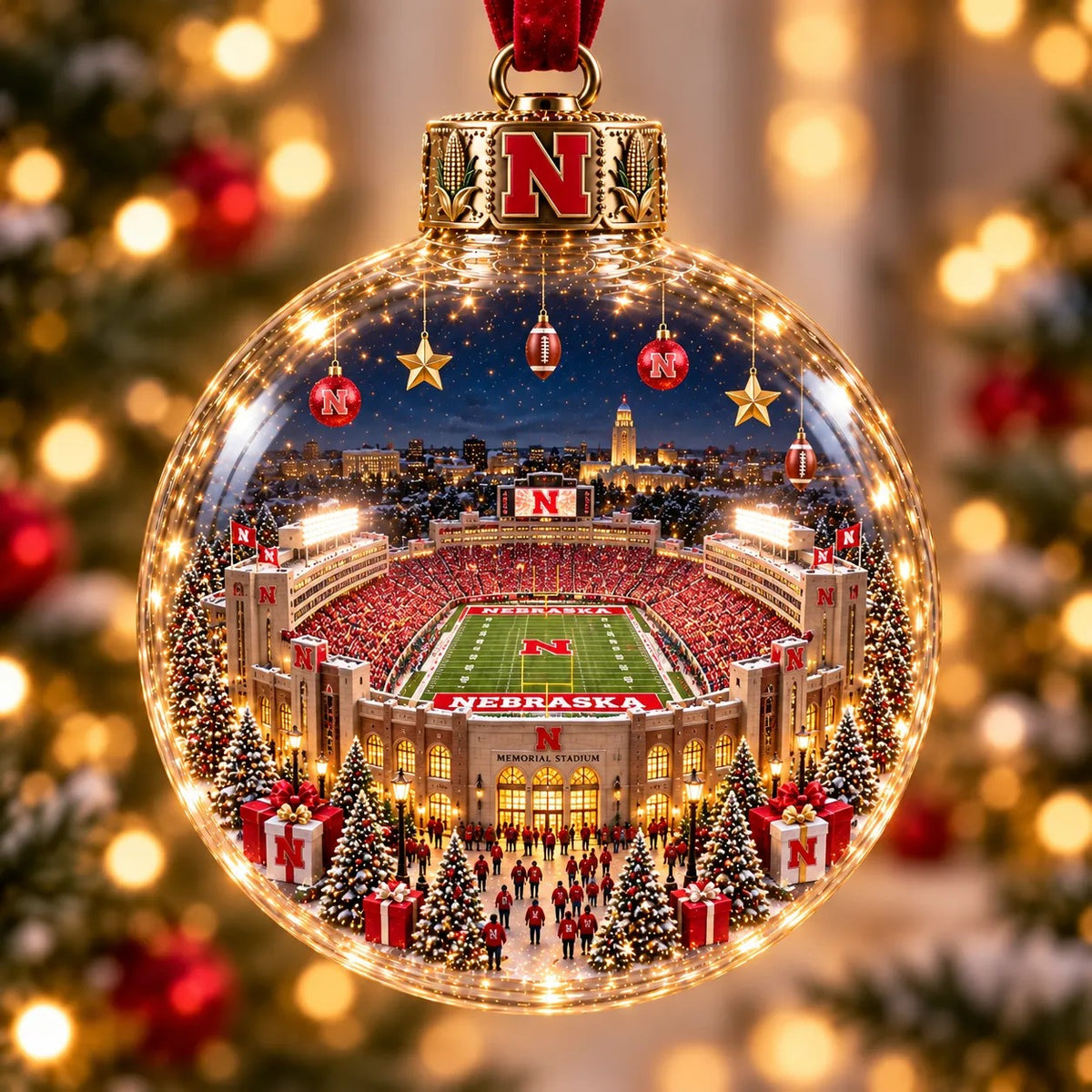 🏈 Game Day Glow – Light-Up Football Stadium Christmas Ornament