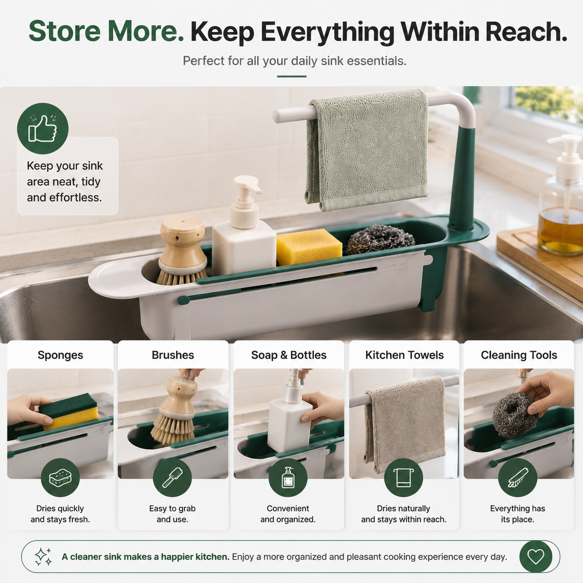 ✨2-in-1 Sink Organizer Rack – Expandable Sponge Holder & Kitchen Towel Drying Bar