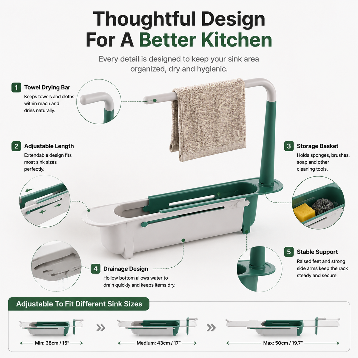 ✨2-in-1 Sink Organizer Rack – Expandable Sponge Holder & Kitchen Towel Drying Bar