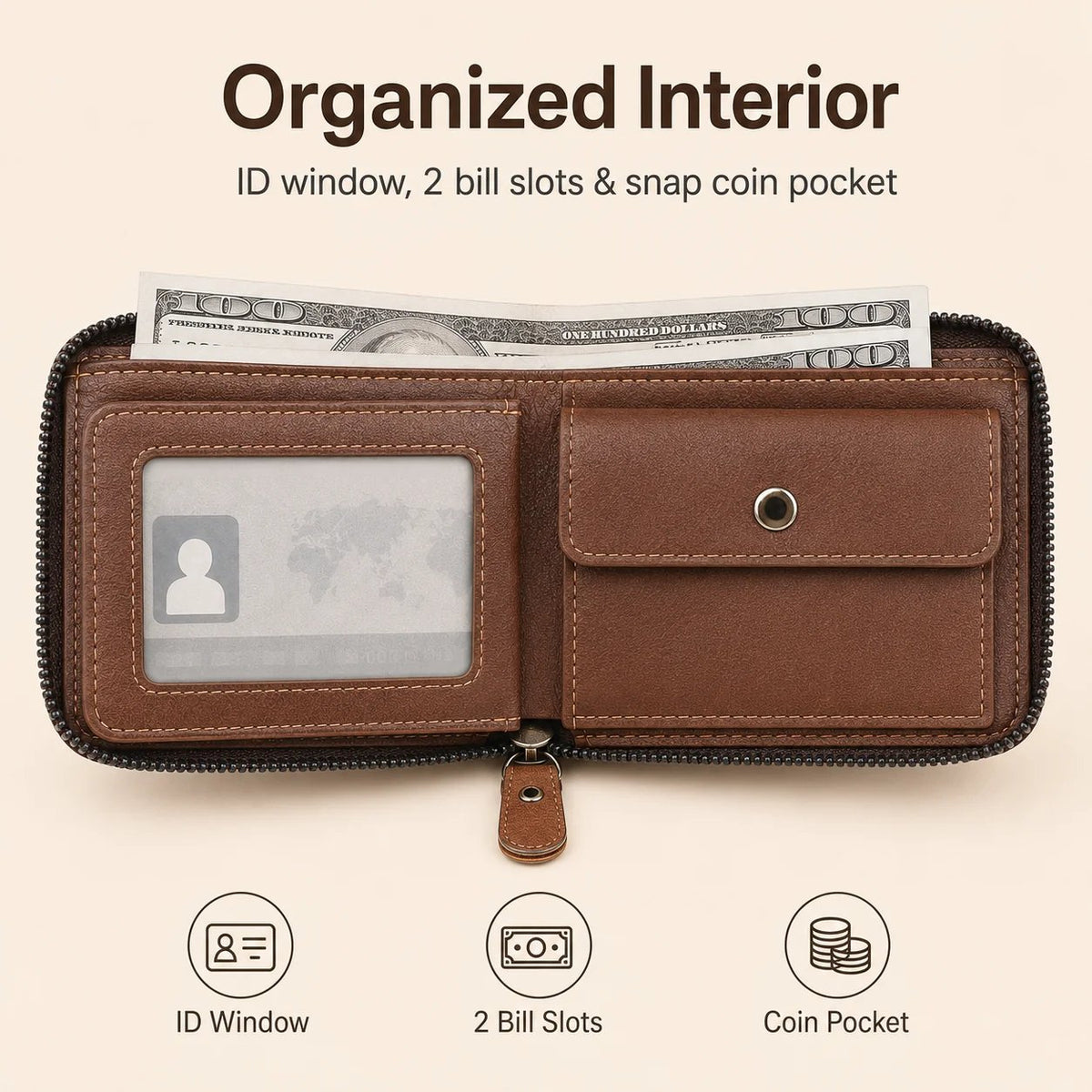 💼 Vintage Zip Wallet, Bifold Card Coin Purse