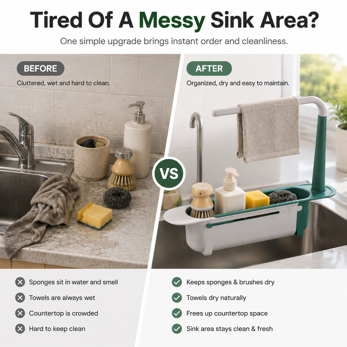 ✨2-in-1 Sink Organizer Rack – Expandable Sponge Holder & Kitchen Towel Drying Bar