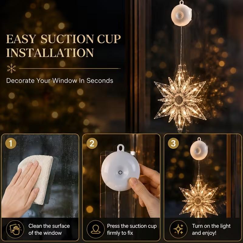 🎄 Last Day Special Price ❄️ DIY Christmas Snowflake Suction Cup LED Lights ✨ | Battery Operated, Warm & Multi-Colour, Window Suction Lights, Christmas Home & Party Decor