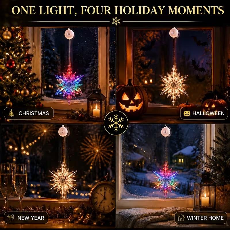 🎄 Last Day Special Price ❄️ DIY Christmas Snowflake Suction Cup LED Lights ✨ | Battery Operated, Warm & Multi-Colour, Window Suction Lights, Christmas Home & Party Decor